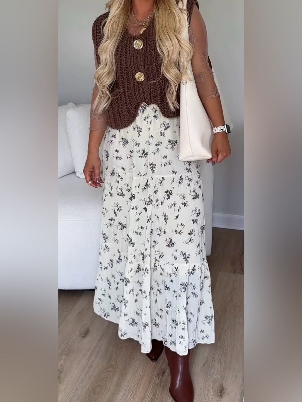 Trendy Dark Brown Crochet Knitted Button-Front Transitional Vest
